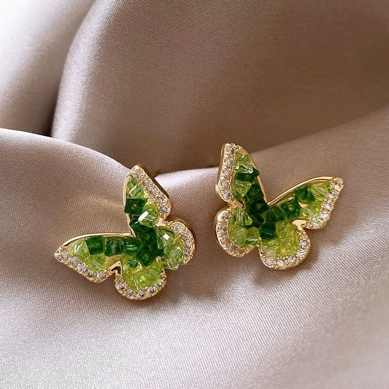 Green Gradient Crystals Butterfly Stud Earrings