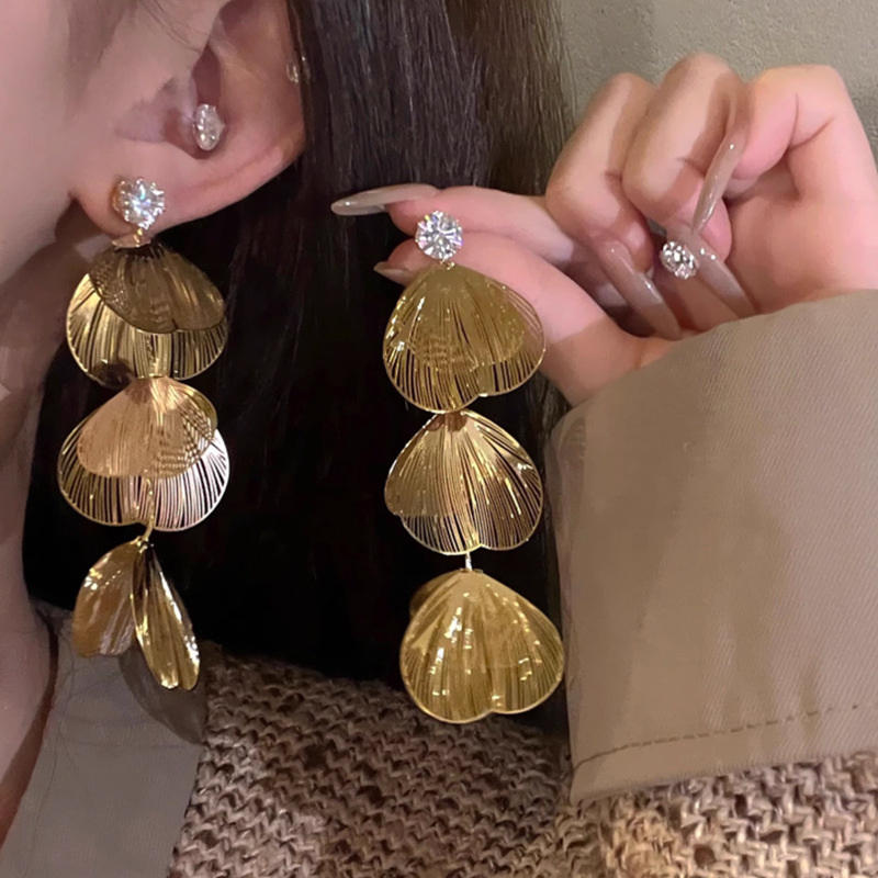 Exaggerated Petal-Shaped Metallic Drop Long Earrings