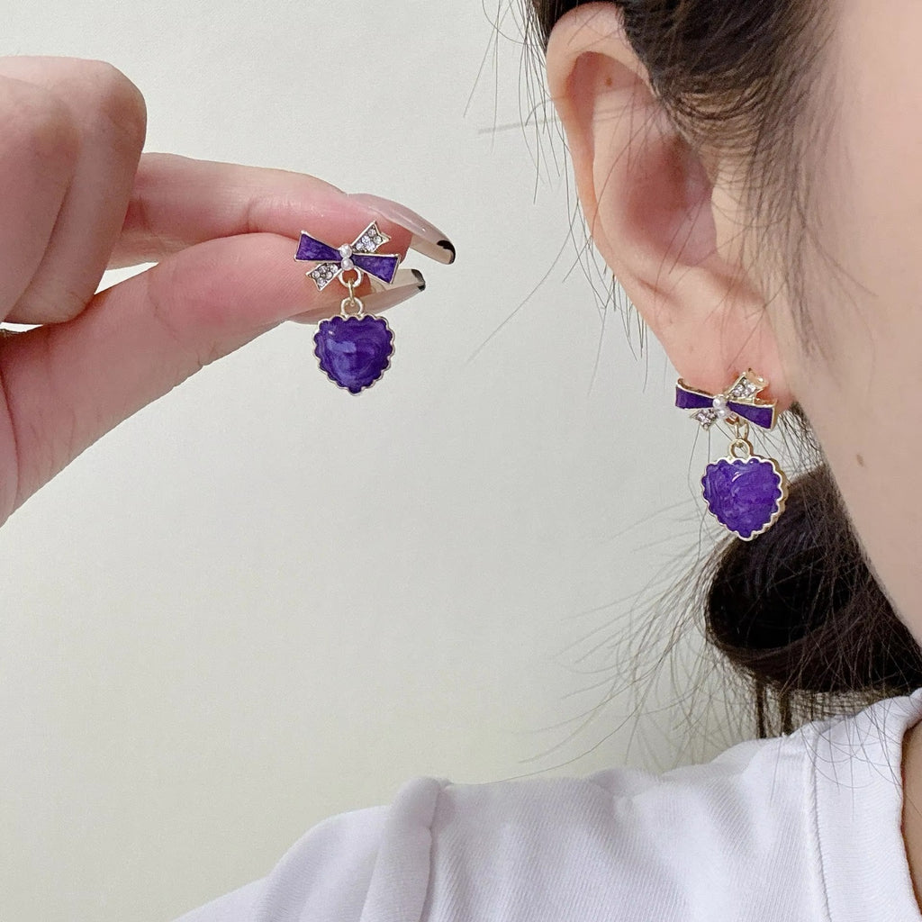 Lavender Bowknot Heart Drop Earrings