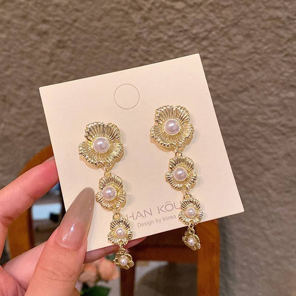 Pearl FlowerLong Tassel  Earrings