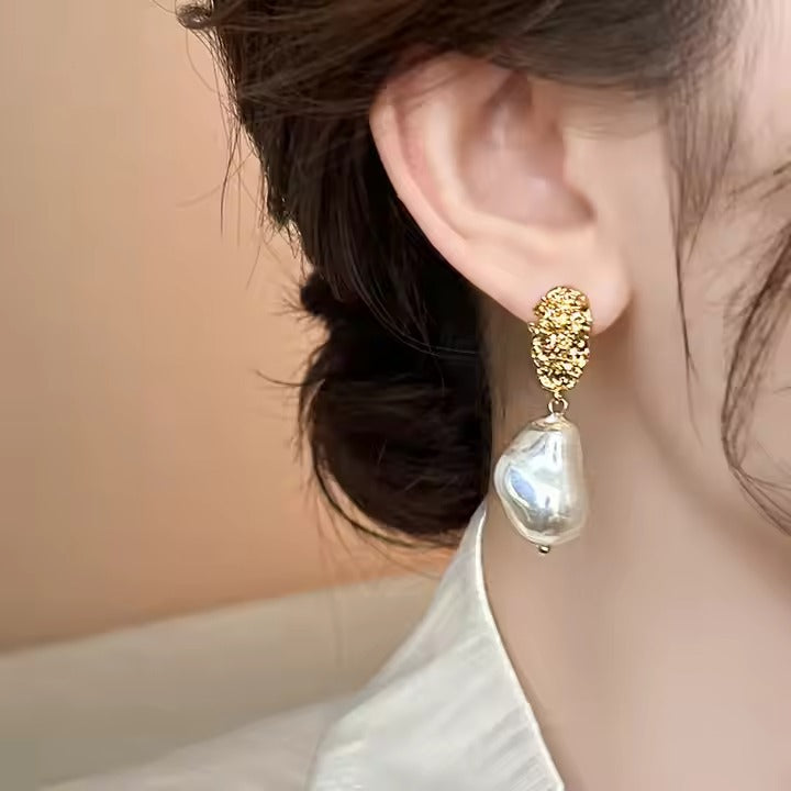 Asymmetric Pearl Drop Gold Foil Earrings