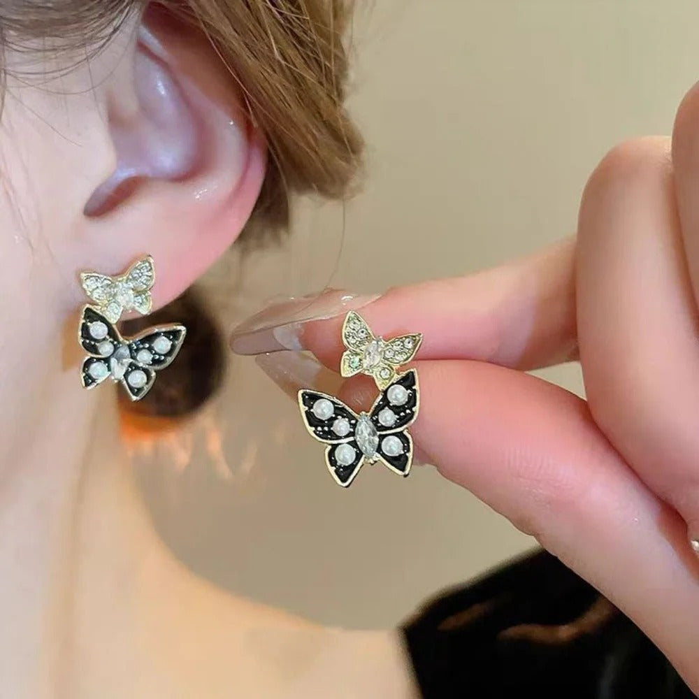 Dual Butterfly Drip Glaze Pearl Stud Earrings