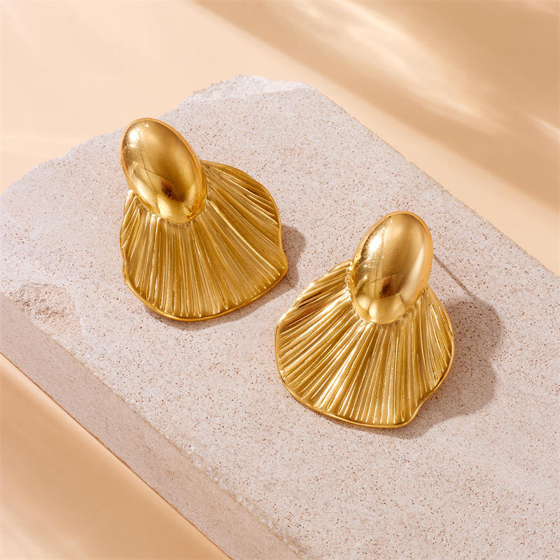 Golden Leaf Texture Style Stud Earrings