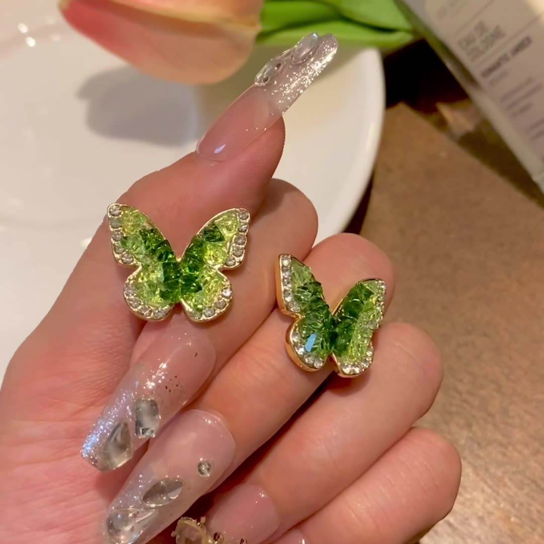 Green Gradient Crystals Butterfly Stud Earrings