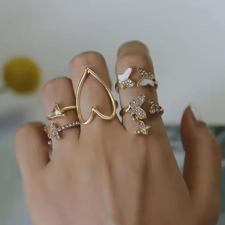 Cross Triangle Heart Hollow Out Full Diamond Drop Oil butterfly Ring 5 Piece Set Joint Rings