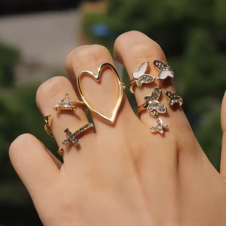 Cross Triangle Heart Hollow Out Full Diamond Drop Oil butterfly Ring 5 Piece Set Joint Rings