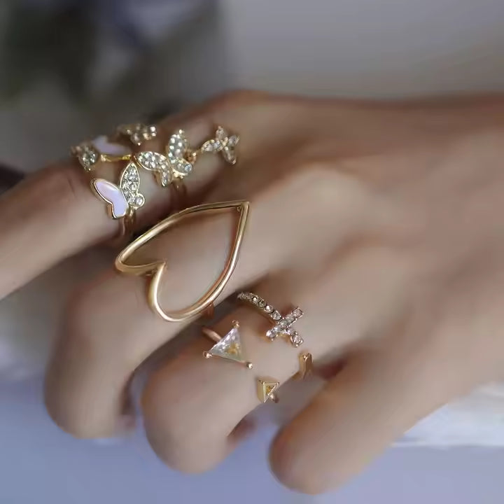 Cross Triangle Heart Hollow Out Full Diamond Drop Oil butterfly Ring 5 Piece Set Joint Rings