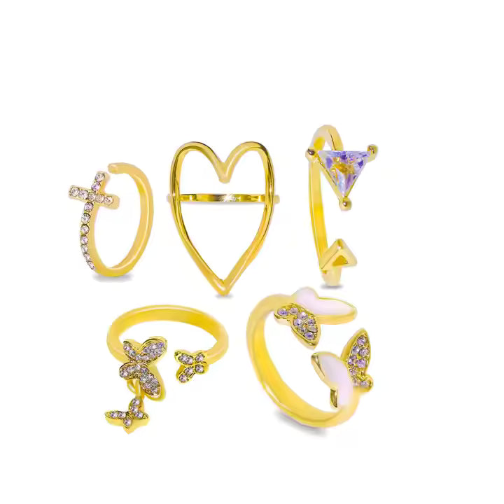 Cross Triangle Heart Hollow Out Full Diamond Drop Oil butterfly Ring 5 Piece Set Joint Rings