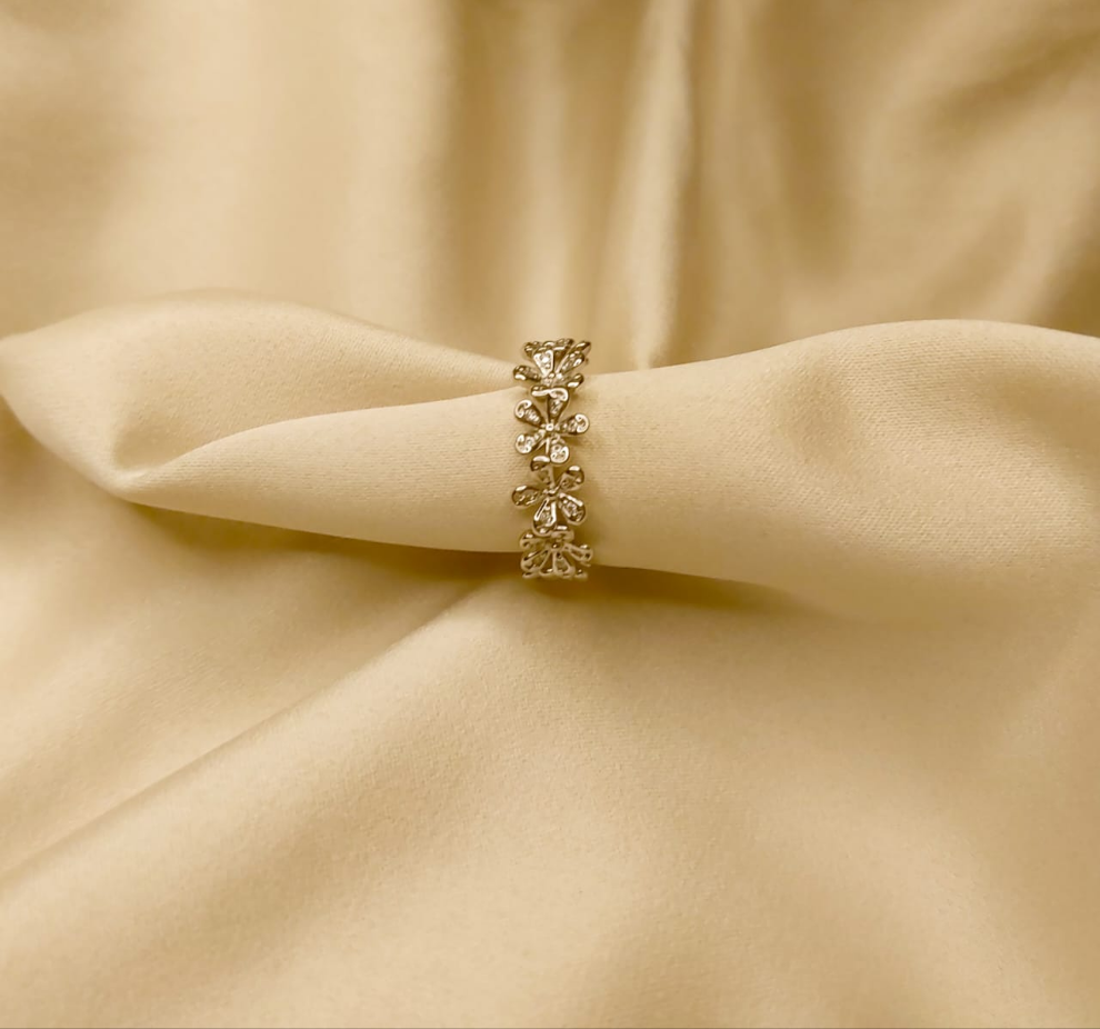 Lovely Plumeria Flower Eternity Ring