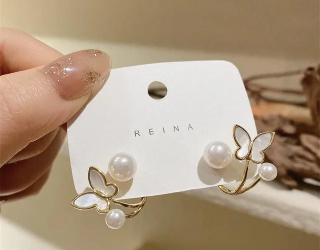 Alloy Korean Butterfly & Faux Pearl Decor Earring