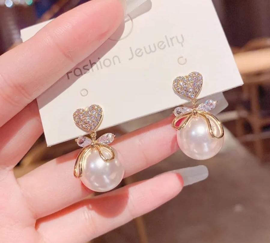 Korean Studded Bow Heart Big Pearl Drop Earrings For Women And Girls