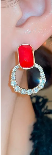 Geometric Hollow Gem Stud Earrings red stone earnning