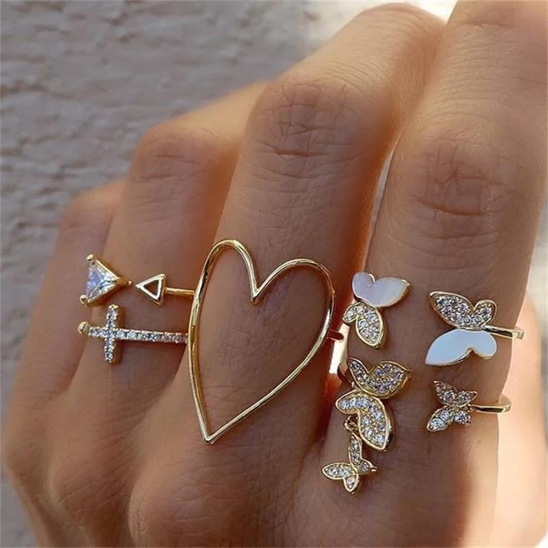 Cross Triangle Heart Hollow Out Full Diamond Drop Oil butterfly Ring 5 Piece Set Joint Rings
