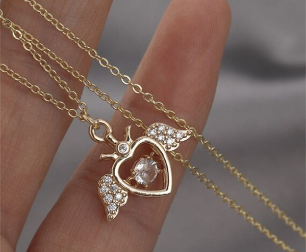 rose gold heart wing women necklace