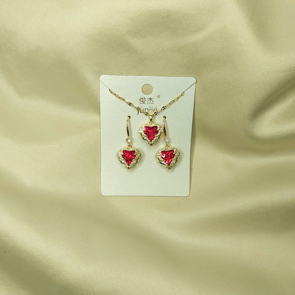 Women Wedding Jewelry Set for Brides Gold & red Color Zirconia Earring Necklace Ring Sets
