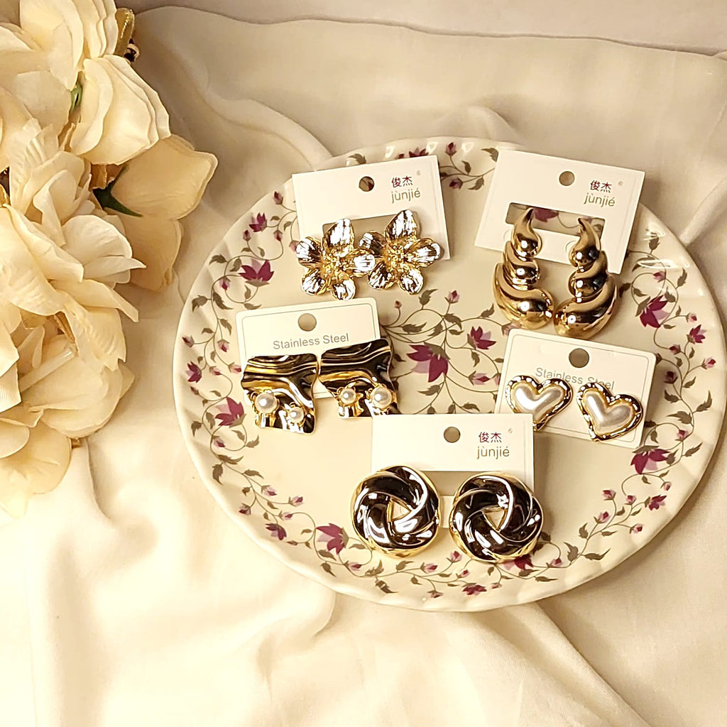 🌸 5 Combo Pack | Anti-Tarnish Korean Earrings Set 💕✨