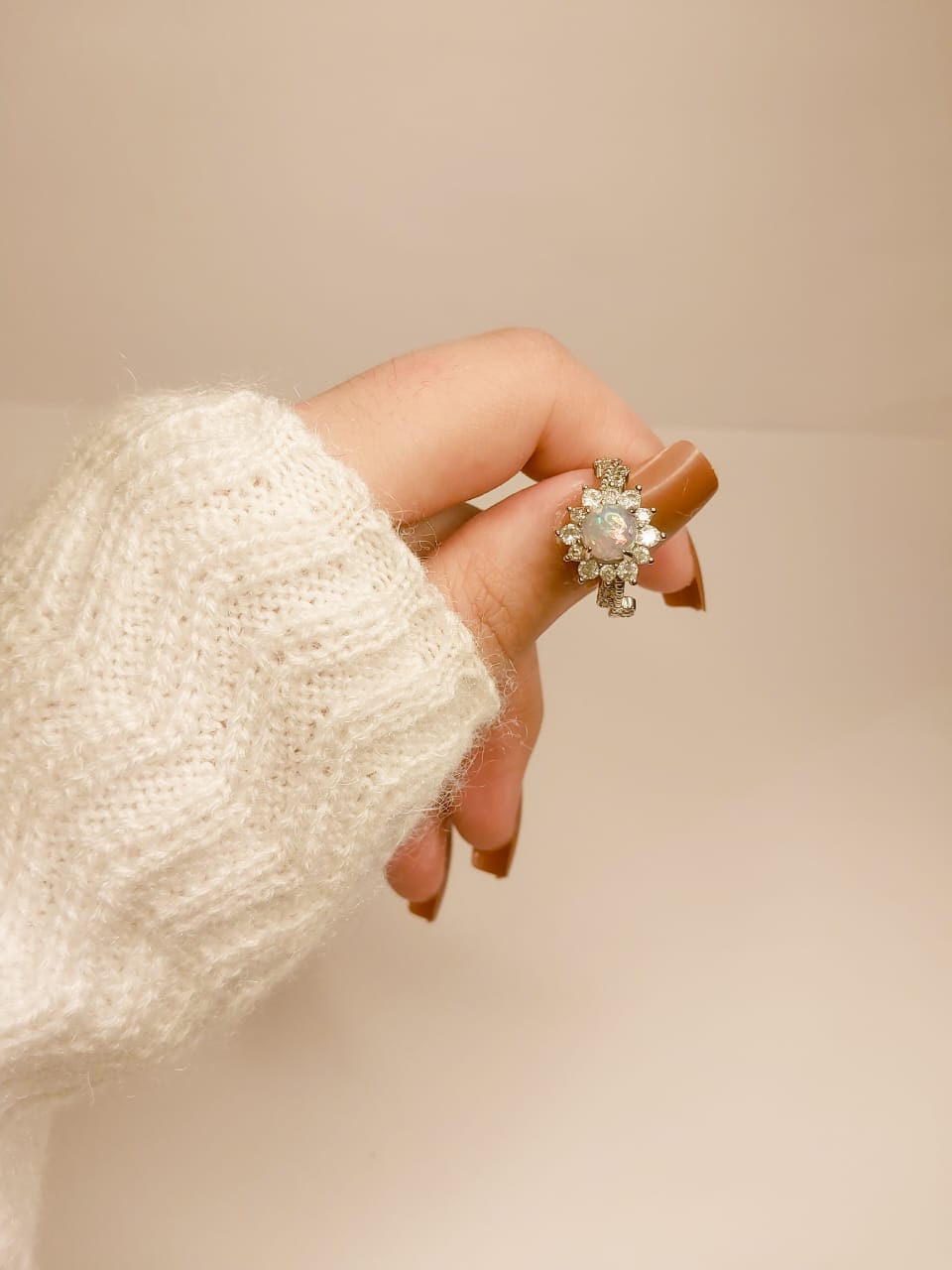 Opal Clear Rhinestone White Electroplated Silver Tone Ring