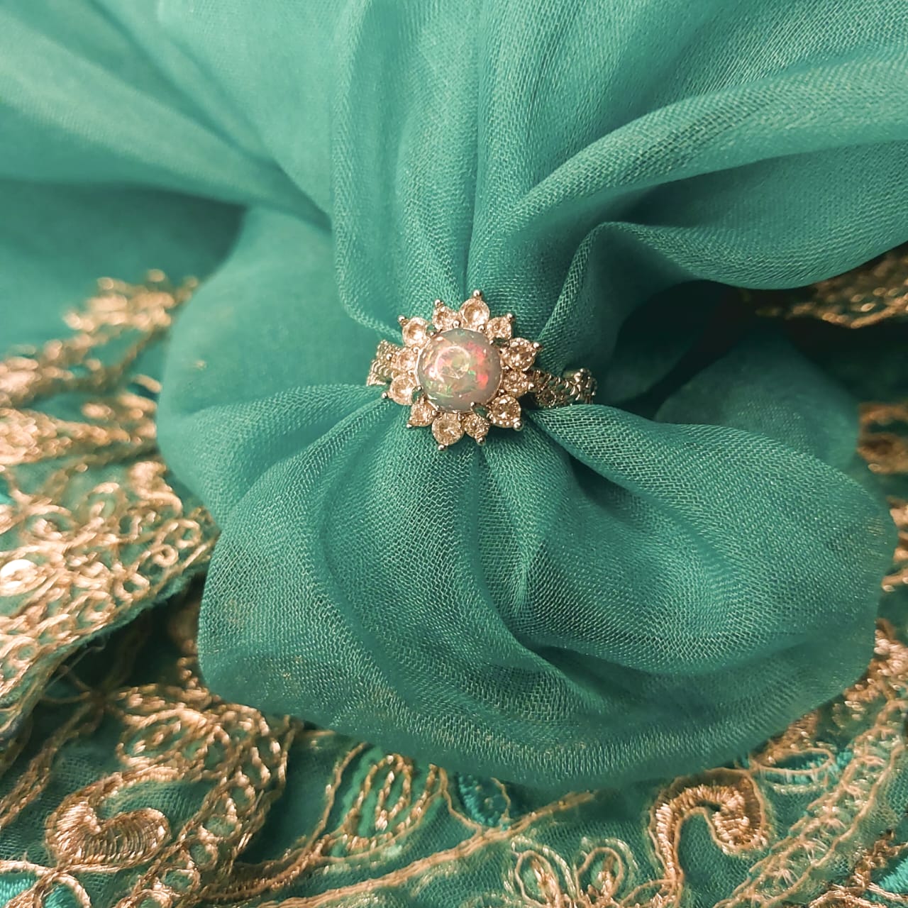 Opal Clear Rhinestone White Electroplated Silver Tone Ring