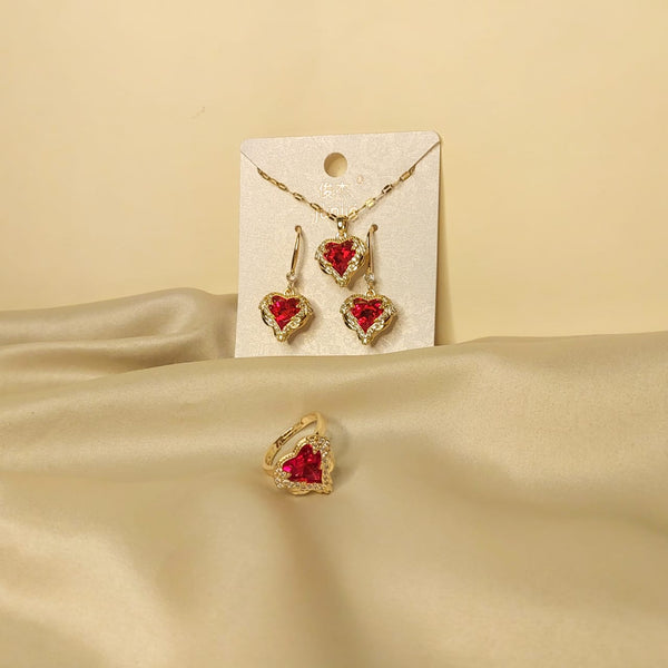 Women Wedding Jewelry Set for Brides Gold & red Color Zirconia Earring Necklace Ring Sets