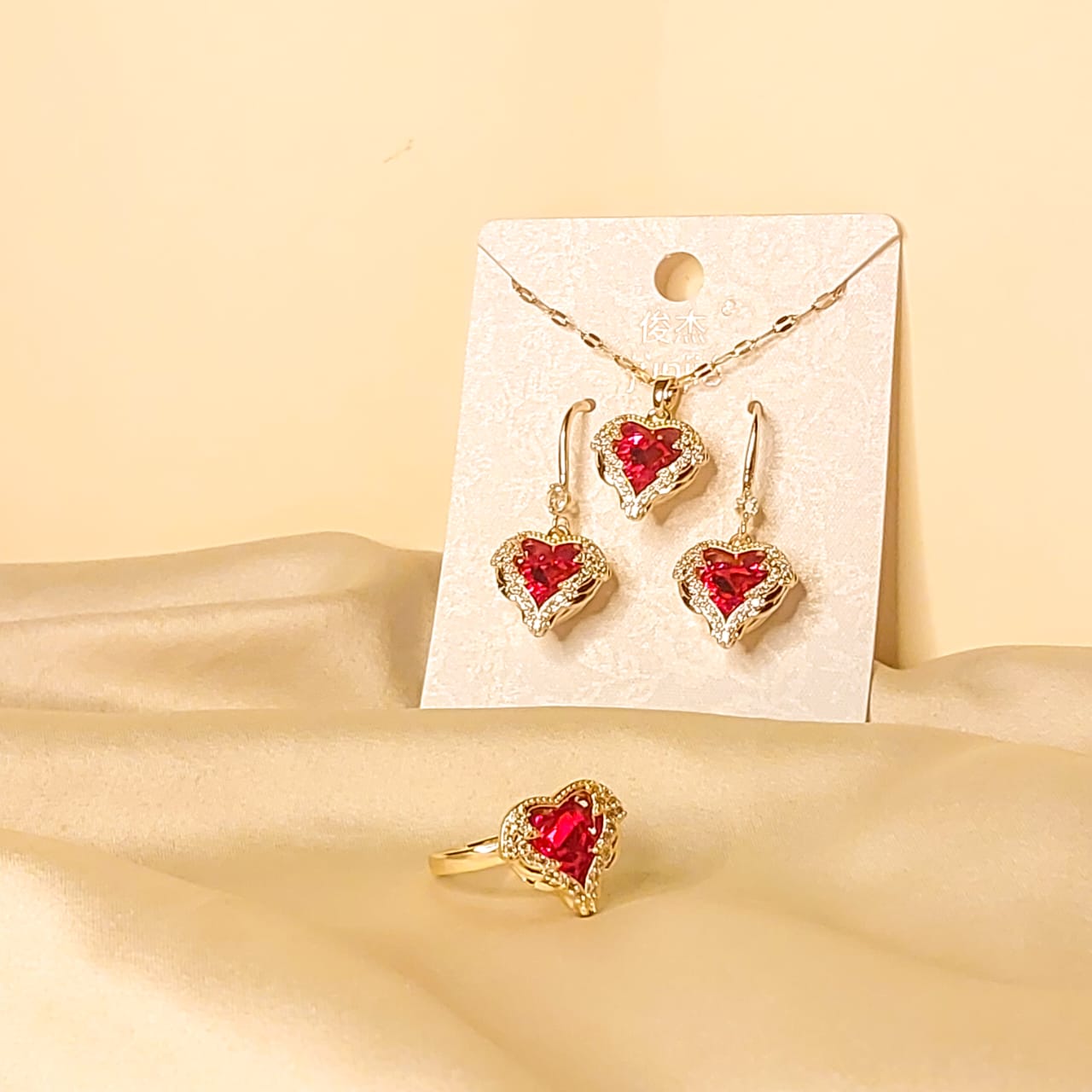 ❤️✨ Ocean Heart Red Crystal Jewelry Set – Necklace, Earrings & Ring ✨️