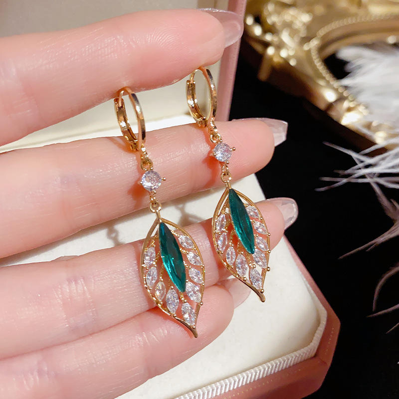 Green Rhinestone Leaf Drop Earrings