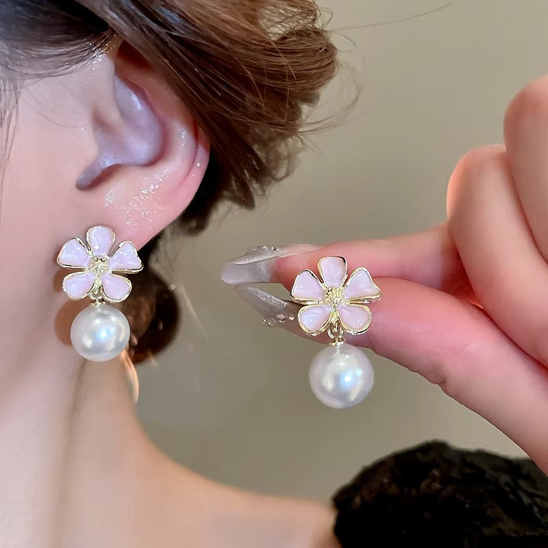 Pink Enamel Petal Flower Pearl Stud Earrings