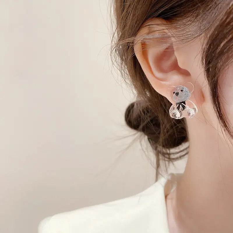 Cute Acrylic Transparent Teddy Bear Stud Earrings