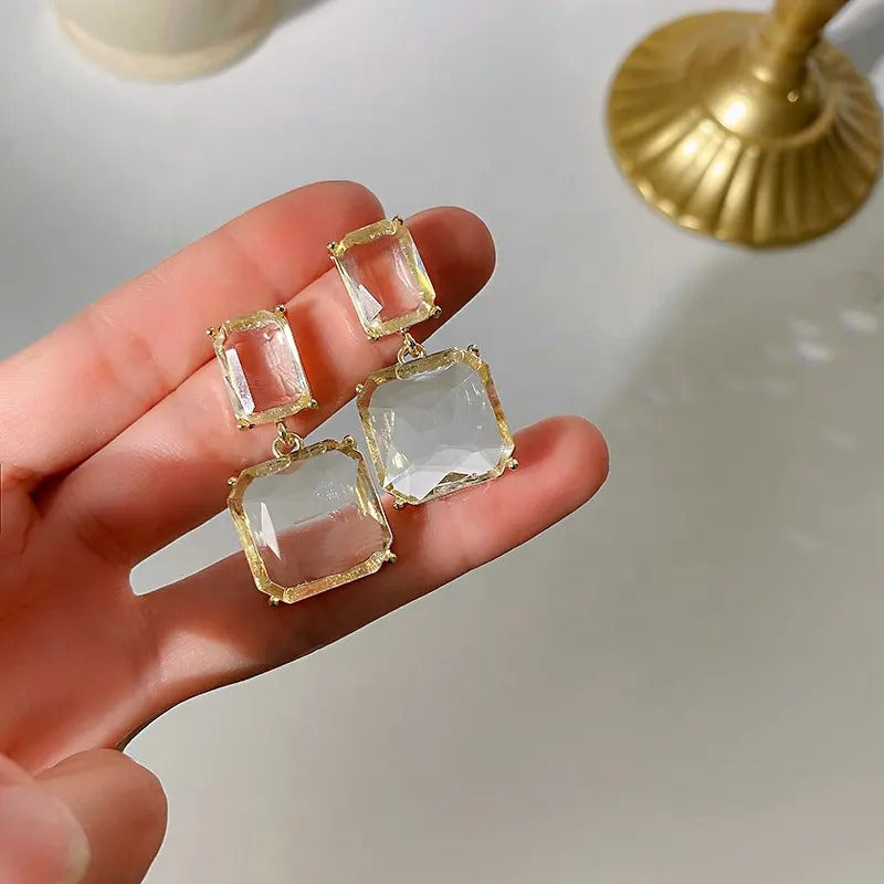 Transparent Glass Crystal Twin Square Earrings