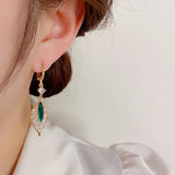 Green Rhinestone Leaf Drop Earrings