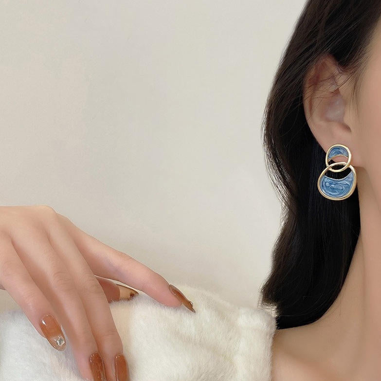Blue Enamelled Double Arc Cross Enamel Stud Earring