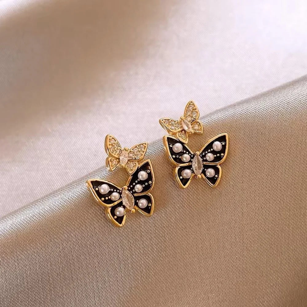 Dual Butterfly Drip Glaze Pearl Stud Earrings