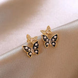 Dual Butterfly Drip Glaze Pearl Stud Earrings