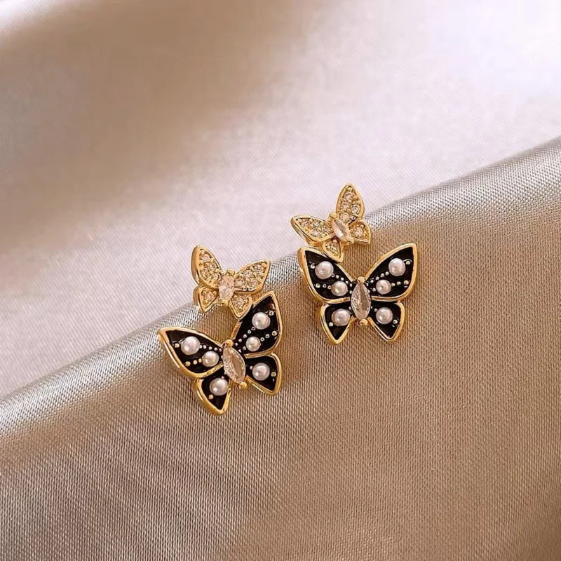 Dual Butterfly Drip Glaze Pearl Stud Earrings