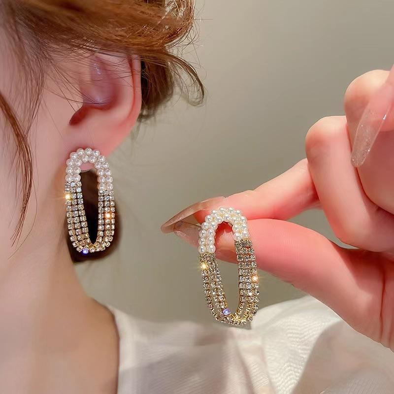Oval Shape Pearl & Stone Tassel Earrings