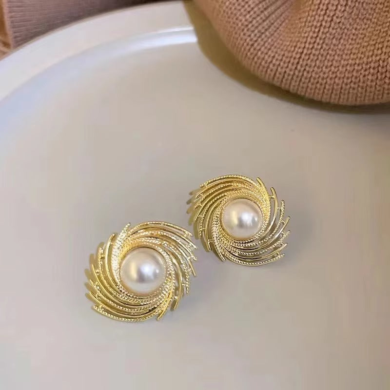 Metal Textured Pearl Stud Earrings
