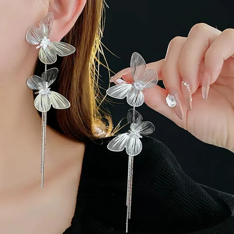 Elegant Butterflies sliver Long Earrings