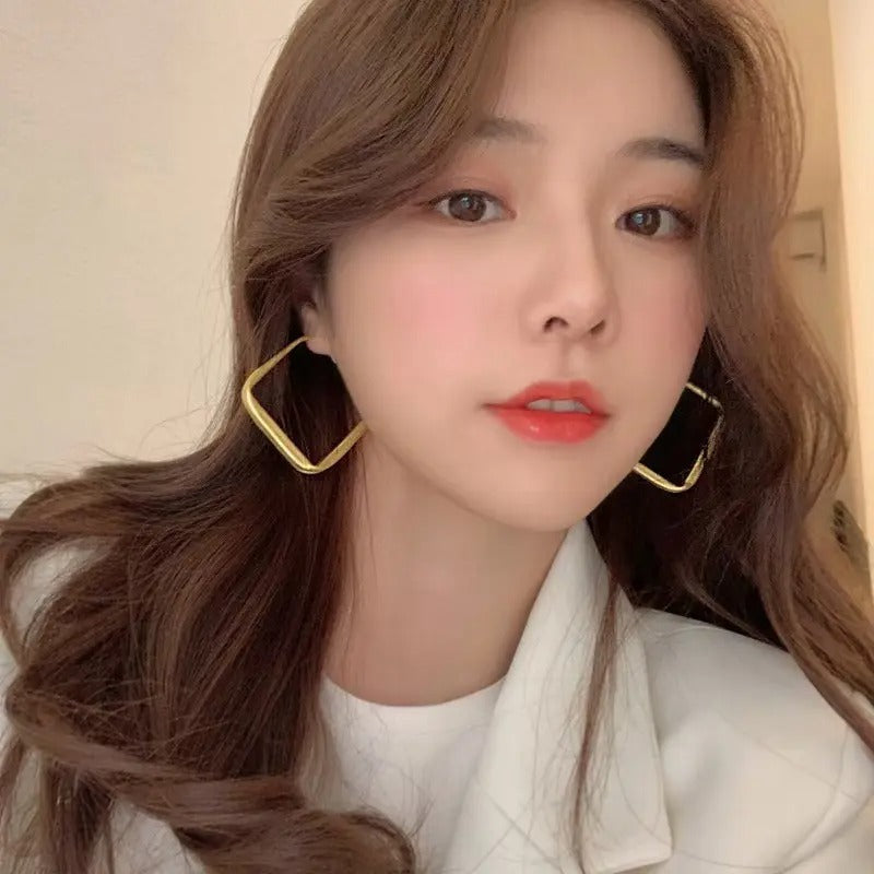 Big Square Light Matte Gold Color Hoop Earrings