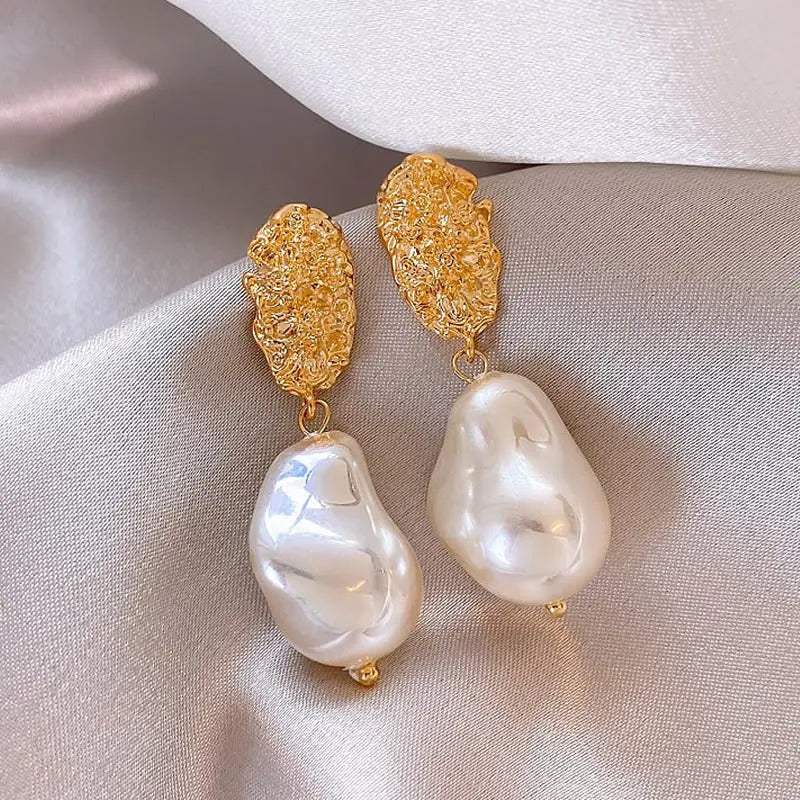 Asymmetric Pearl Drop Gold Foil Earrings