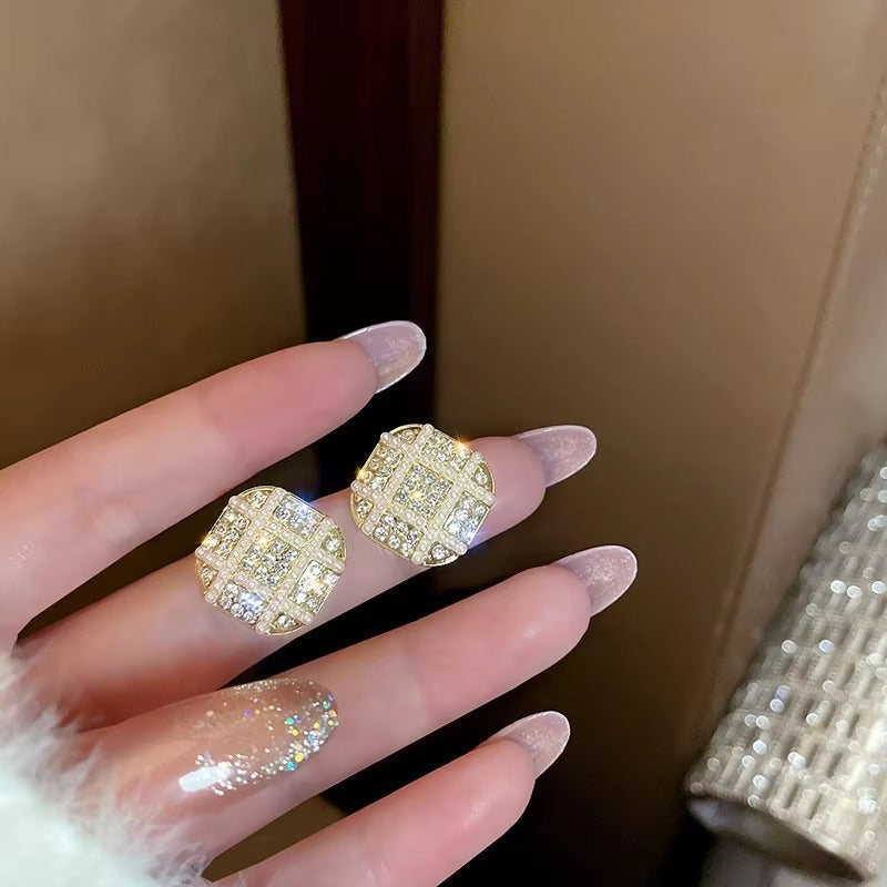 Geometric Full Diamond Rice Bead Pearl Earrings