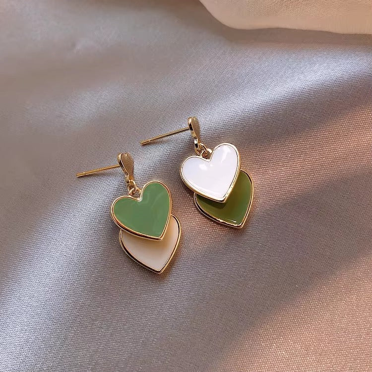 Triple Heart Enamel Green Tone Earrings