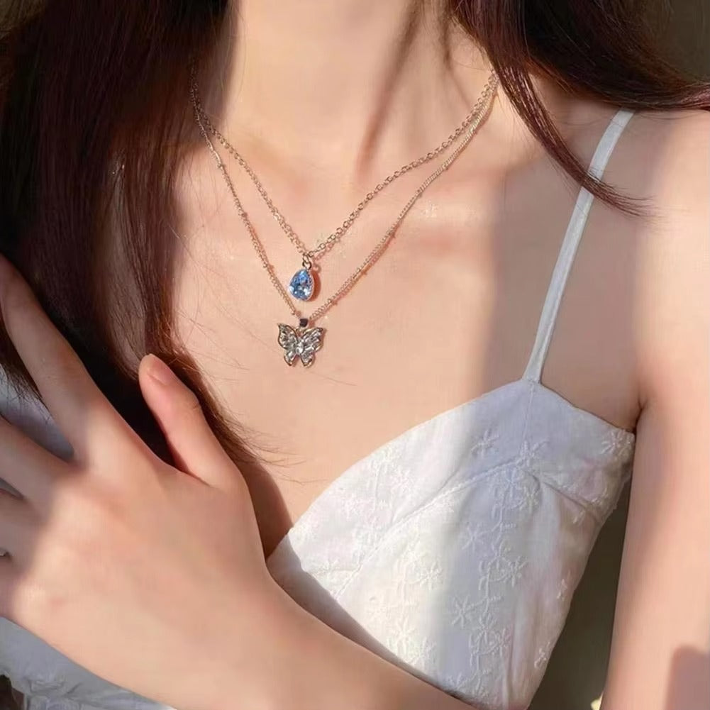 Dual Chain Butterly & Blue Stone Necklace