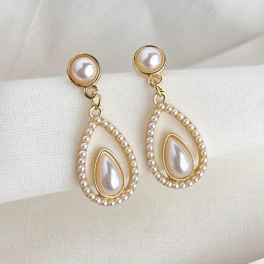 Pearl Tear Drop Geometric Hollow Earrings