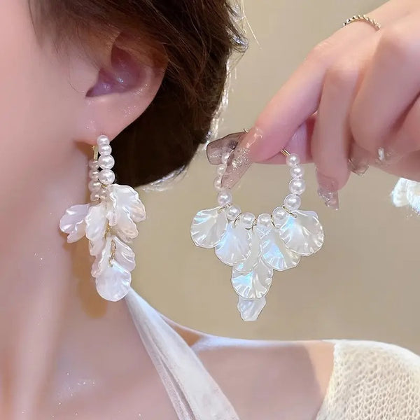 Lightweight Pearl Shell Flower Drop Hoop Earrings
