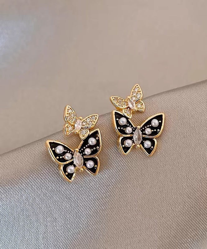 Dual Butterfly Drip Glaze Pearl Stud Earrings