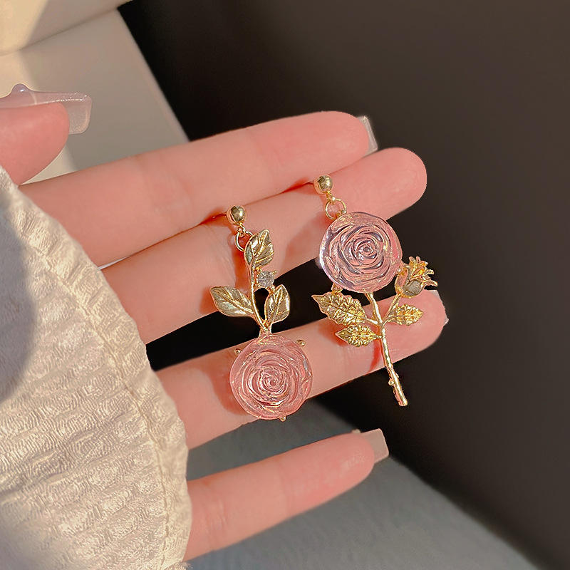 Sweet Pink Rose Asymmetric Earrings