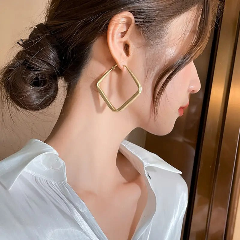 Big Square Light Matte Gold Color Hoop Earrings