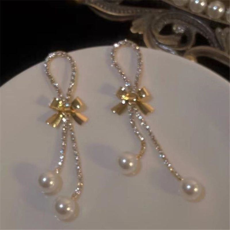 Stone-Chain Bowknot Pearl Long Earring