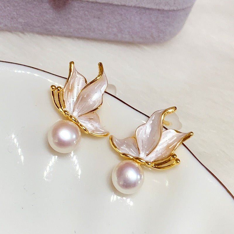 Enamel Butterfly Pearl Stud Earrings