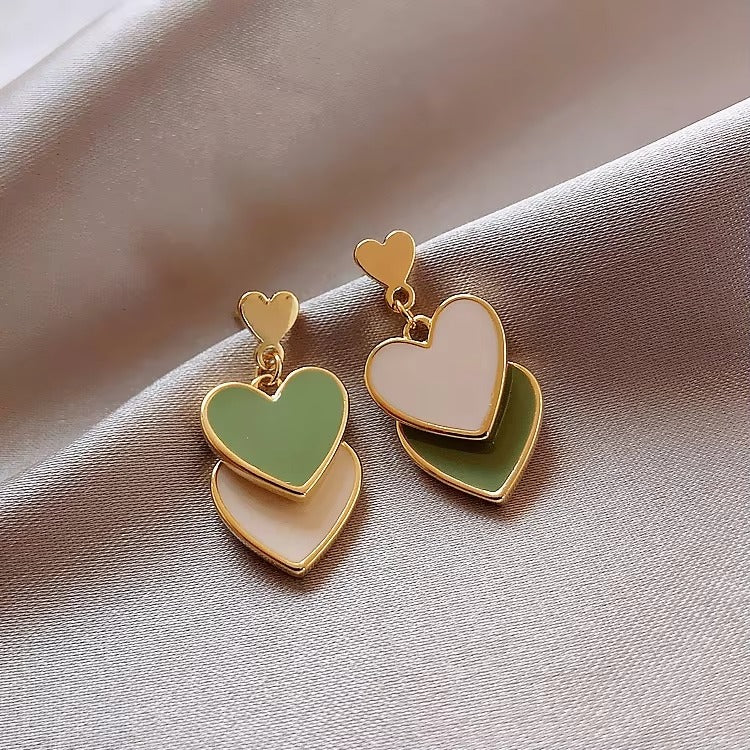 Triple Heart Enamel Green Tone Earrings