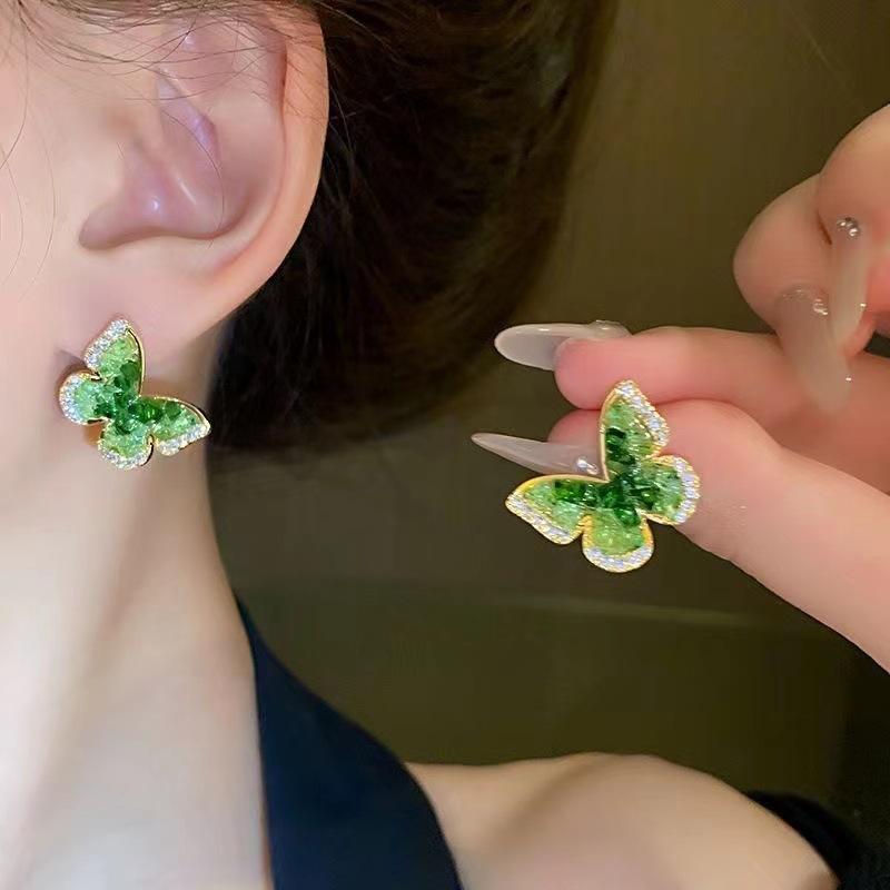Green Gradient Crystals Butterfly Stud Earrings